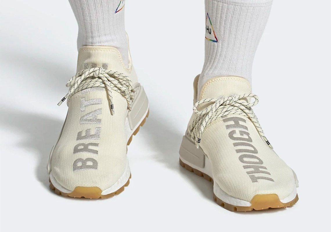 Pharrell brings cream white to the Adidas NMD Hu Trail Slickies Pharrell brings cream white to the Adidas NMD Hu Trail Slickies